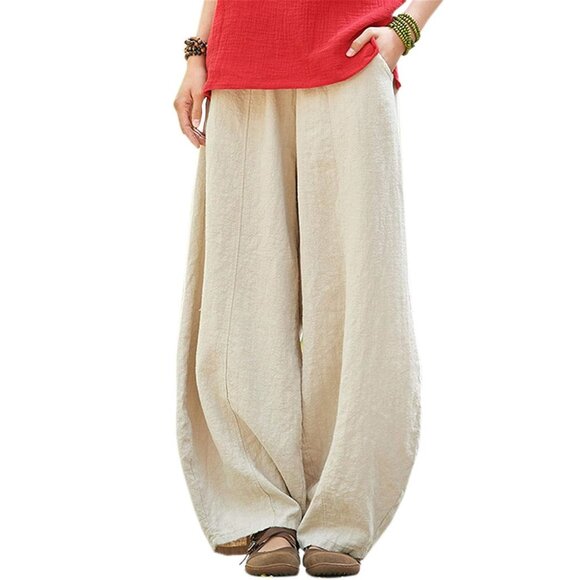 Women's Casual Cotton Linen Baggy Pants with Elastic Waist Relax Fit Lantern - Picture 1 of 4